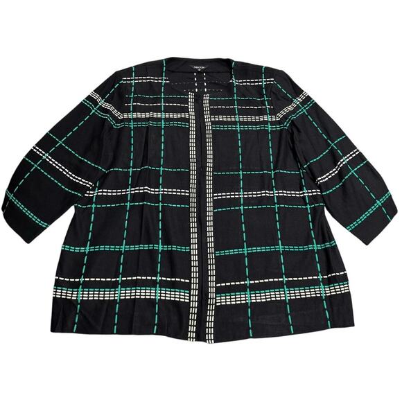 VTG Misook Cardigan Acrylic Knit Top Clasp Plaid Womens Plus Size 1X Black Green - Picture 1 of 8